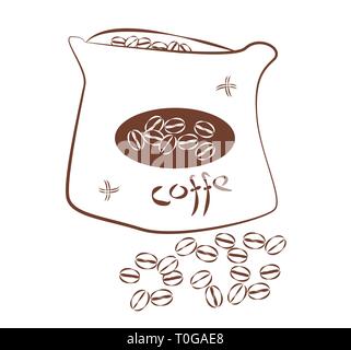 Minimalistic design of coffee beans in the bag. Simple drawing brown outline on white background. Vector jute bag or canvas with label and scattered g Stock Vector