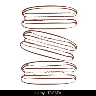 Brown Contour Macaroons isolated on white background. Vector outline delicious sweets. Silhouette dessert for disign cafe or bakery collection. Minima Stock Vector