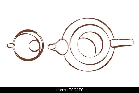 Kettle, cup on top. Tableware for tea. Outline of illustrations for the preparation of flavored beverage. Brown linear icon isolated on white backgrou Stock Vector