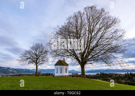 Small chapel and trees on a hill near Weißensberg (Germany) on a cloudy day in eary spring Stock Photo