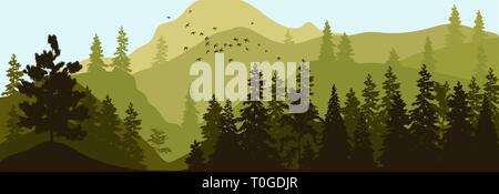 Vector illustration of panorama of silhouette of mountains and forest. Detailed alpine fir background. Stock Vector