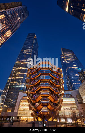 The Vessel, also known as the Hudson Yards Staircase (designed by architect Thomas Heatherwick) at dusk. Manhattan, New York City Stock Photo