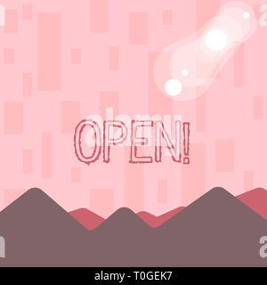 Writing note showing Open. Business concept for Allow things to pass through or for immediate use Contrary of closed View of Colorful Mountains and Hi Stock Photo