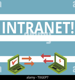 Text sign showing Intranet. Business photo text Private network of a company Interlinked local area networks Exchange Arrow Icons Between Two Laptop w Stock Photo