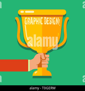 Word writing text Graphic Design. Business photo showcasing Art of combining Text Images in advertising Hand Holding Blank Golden Championship Winners Stock Photo