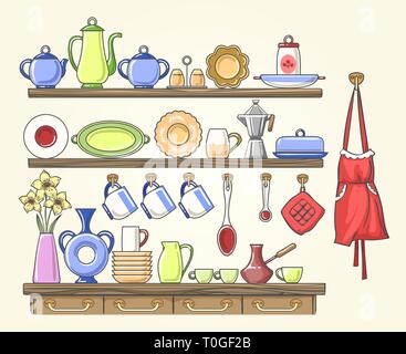 Cooking shelf. Shelves with vintage kettle dishes glass sugar jar cans hanging on hooks rustic kitchen sketch vector illustration Stock Vector