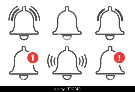 Notification bell. Message alert icon set, vector outline messaging alarm reminder, simple information doorbell ui line icons Stock Vector