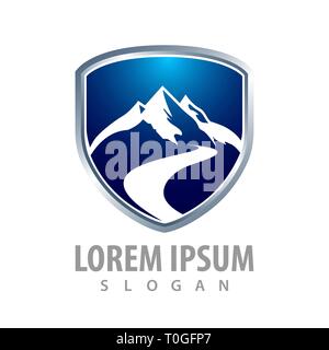 Mountain shield concept design. Symbol graphic template element Stock Vector