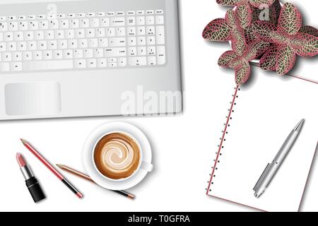 Ttop view of the female office table desk with laptop and office supplies Stock Vector