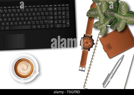 Ttop view of the male office table desk with laptop and office supplies Stock Vector