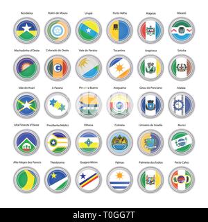 Set of vector icons. Flags of Rondonia, Tocantins and Alagoas states, Brazil. 3D illustration. Stock Vector