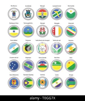 Set of vector icons. Flags of Acre, Amapa and Roraima states, Brazil. 3D illustration. Stock Vector