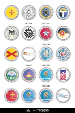 Set of vector icons. Flags and seals of New Mexico and Oklahoma states, USA. 3D illustration. Stock Vector
