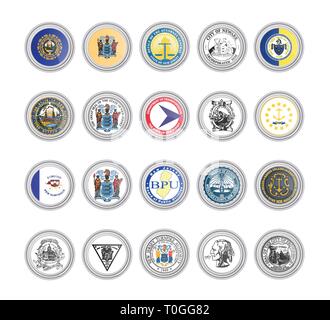 Set of vector icons. Flags and seals of New Hampshire and New Jersey states, USA. 3D illustration. Stock Vector