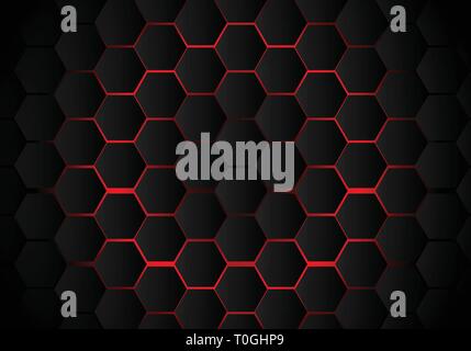 Abstract black hexagon pattern on red neon background technology style. Honeycomb. Vector illustration Stock Vector