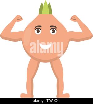 Onion Strong icon, vegetable with happy face, healthy food character in cartoon style Stock Vector
