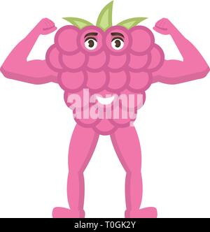 Raspberry Strong icon, fruit with a smile on his face, healthy food character in a cartoon style Stock Vector