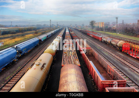 Railway station freight trains, Cargo transport Stock Photo