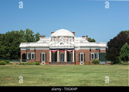 West-facing view of Thomas Jefferson's home Monticello, in Charlottesville, Virginia. This is the view on the American nickel coin. Stock Photo