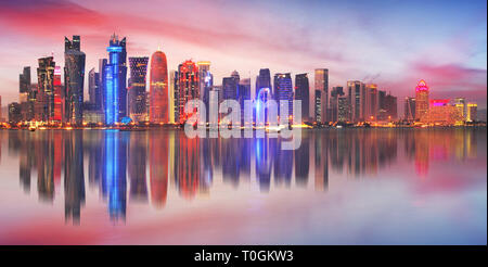 Skyline of modern city of Doha in Qatar, Middle East. - Doha's Corniche in West Bay, Doha, Qatar Stock Photo