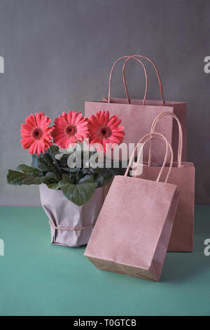 Coral gerbera daisy flowers and craft papper shopping bags on green paper background, Springtime sale concept image with copy-space Stock Photo