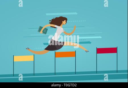 Businesswoman runs on obstacle course. Business concept. Vector illustration Stock Vector