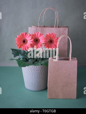 Coral gerbera daisy flowers and craft papper shopping bags on green paper background, Springtime sale concept image with copy-space Stock Photo