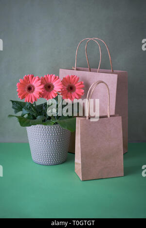 Coral gerbera daisy flowers and craft papper shopping bags on green paper background, Springtime sale concept image with copy-space Stock Photo