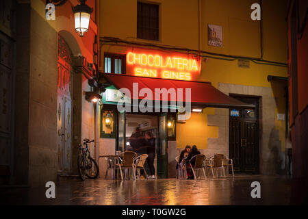 The chocolatería San Ginés is a famous café in central Madrid. Image taken from Pasadizo de San Gines. Stock Photo