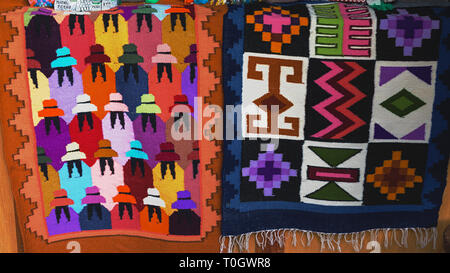 Peruvian traditional colourful native handicraft textile fabric with pattern at market in Peru, South Americain. Close up. Stock Photo