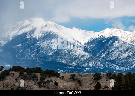 Snow capped Sawatch Range; Collegiate Peaks; Rocky Mountains viewed from Arkansas River Valley; Colorado; USA Stock Photo
