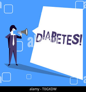 Handwriting text writing Diabetes. Conceptual photo Chronic disease associated to high levels of sugar glucose in blood Businessman Shouting on Megaph Stock Photo
