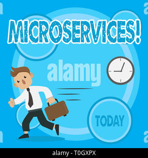 Word writing text Microservices. Business photo showcasing Software development technique Decomposing an application Man in Tie Carrying Briefcase Wal Stock Photo