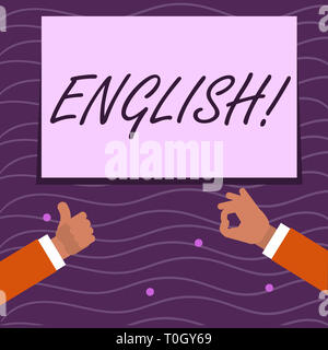 Text sign showing English. Business photo showcasing Relating to England its People or their Language Two Businessmen Hands Gesturing the Thumbs Up an Stock Photo