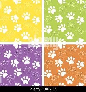 Duplicate patterns and textures can be used for printing onto fabric, web page background and paper. Set of multicolored vector backgrounds with paw p Stock Vector