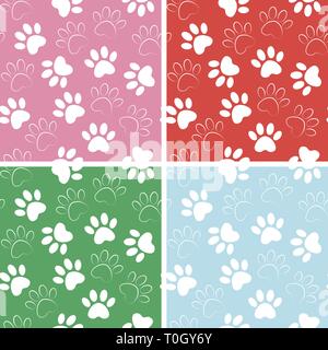 Duplicate patterns and textures can be used for printing onto fabric, web page background and paper. Set of multicolored vector backgrounds with paw p Stock Vector