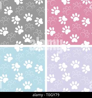 Duplicate patterns and textures can be used for printing onto fabric, web page background and paper. Set of multicolored vector backgrounds with paw p Stock Vector