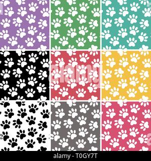 Duplicate patterns and textures can be used for printing onto fabric, web page background and paper. Set of multicolored vector backgrounds with paw p Stock Vector