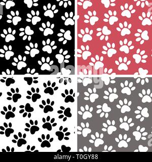 Duplicate patterns and textures can be used for printing onto fabric, web page background and paper. Set of multicolored vector backgrounds with paw p Stock Vector
