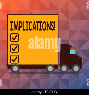 Conceptual hand writing showing Implications. Concept meaning Conclusion State of being involved Suggestion Insinuation Hint Lorry Truck with Covered  Stock Photo