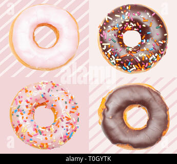 Colorful donuts with icing on pastel pink background. Stock Photo