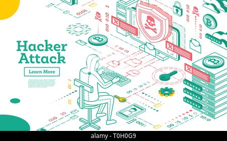 Outline Hacker Attack. Isometric Cyber Security Concept. Vector Illustration. Stock Vector