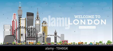 Welcome to London England Skyline with Gray Buildings and Blue Sky. Vector Illustration. Business Travel and Tourism Concept with Modern Architecture. Stock Vector