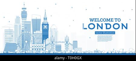 Outline Welcome to London England Skyline with Blue Buildings. Vector Illustration. Business Travel and Tourism Concept with Modern Architecture. Stock Vector