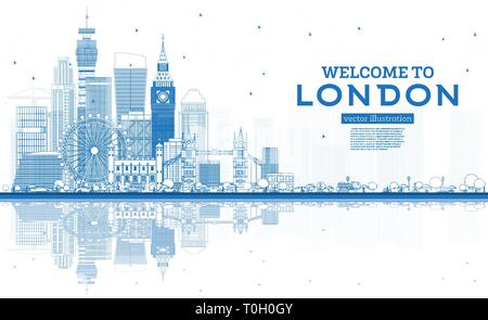 Outline Welcome to London England Skyline with Blue Buildings and Reflections. Vector Illustration. Tourism Concept with Modern Architecture. London. Stock Vector