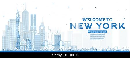 Outline Welcome to New York USA Skyline with Blue Buildings. Vector Illustration. Business Travel and Tourism Concept with Modern Architecture. Stock Vector