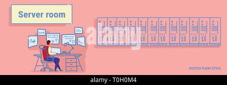 man sitting workplace desk working in data center room hosting server computer monitoring concept information database rear view worker sketch flow Stock Vector