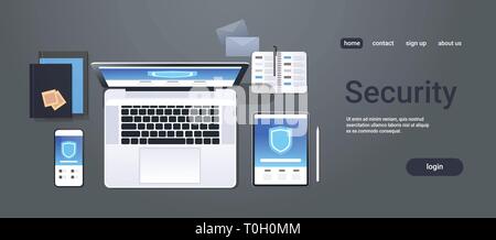data protection internet security shield privacy information safety concept top angle view desktop laptop tablet smartphone screen secured access Stock Vector