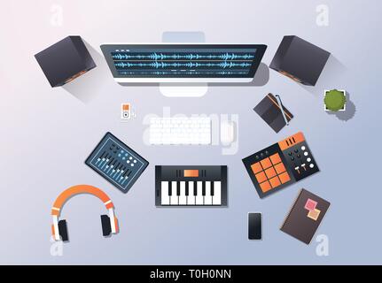 music recording studio sound engineering concept top angle view desktop monitor piano audio mixer headphones pro equipment office stuff horizontal Stock Vector