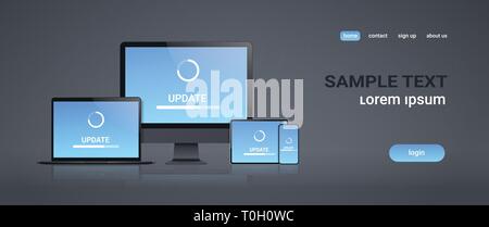 internet connection software installation new gadgets system update tablet smartphone pc screen network technology concept gray background copy space Stock Vector
